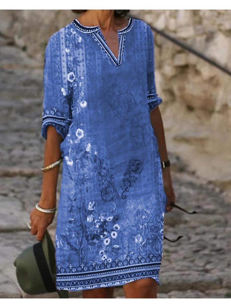 Abito Casual da Donna Primavera Estate Stampa Etnica Scollo a V Morbido Comodo Vita Alta Slim All-Match