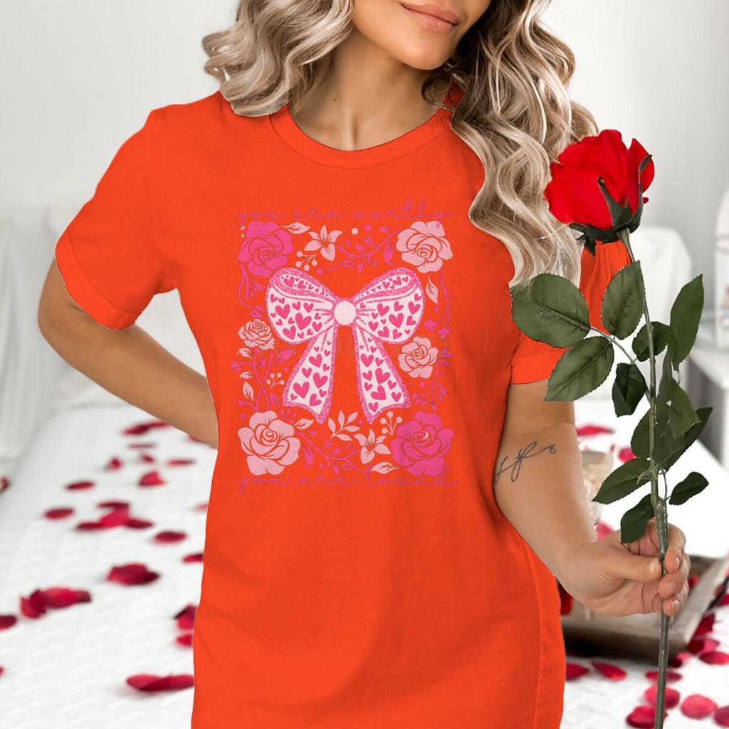 Valentines Day Heart Coquette Bow T Shirts for Women Retro Valentine Short Sleeve Tee Shirt Retro Flower Valentines Casual Tops
