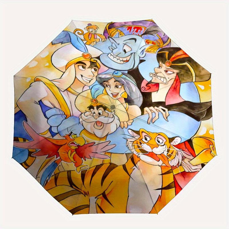 Aladdin Characters Automatic 3-Fold Umbrella Design, Cute Cartoon Pattern, Portable Outdoor Umbrella, Perfect, Holiday Gift for Disney fans.