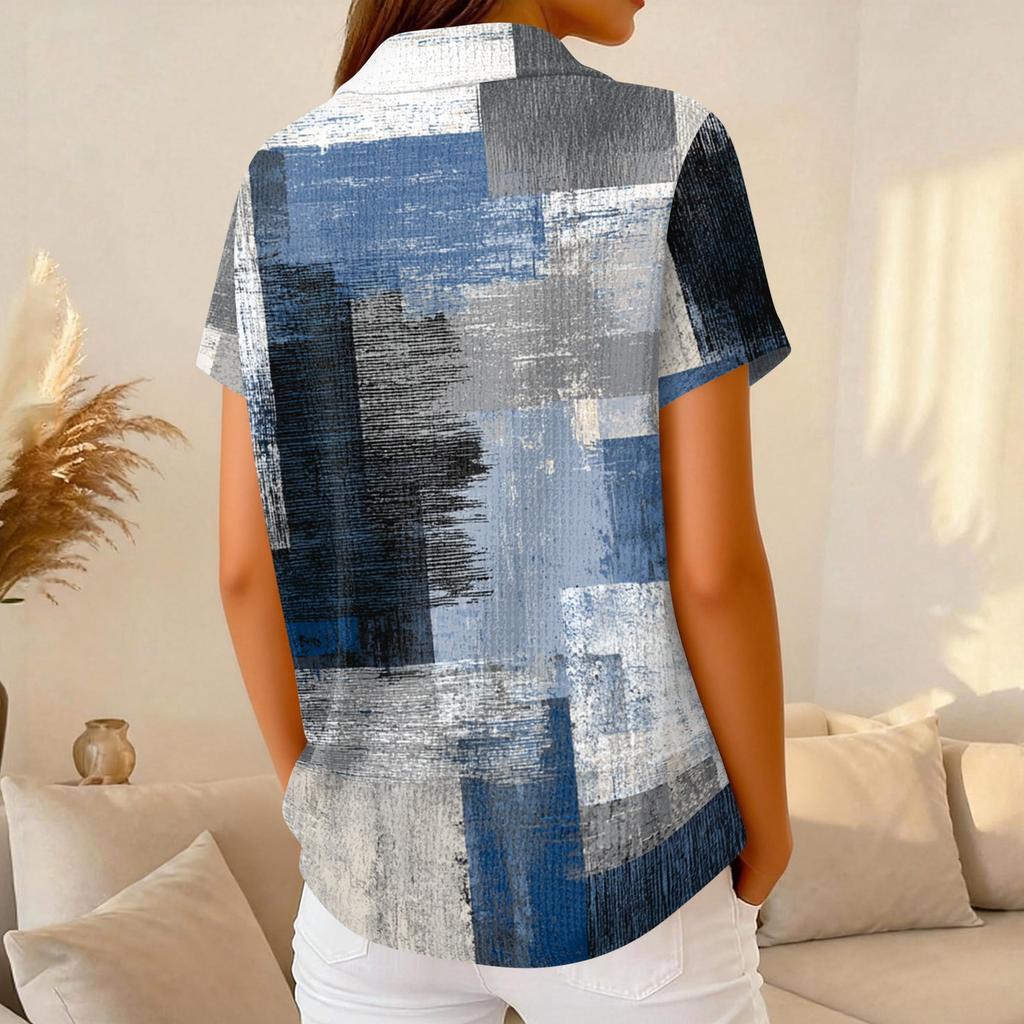 Women's Casual Short Sleeve Retro Floral Print Waffle Knit Polo Shirt Button Down Top with Classic Collar for Everyday Wear