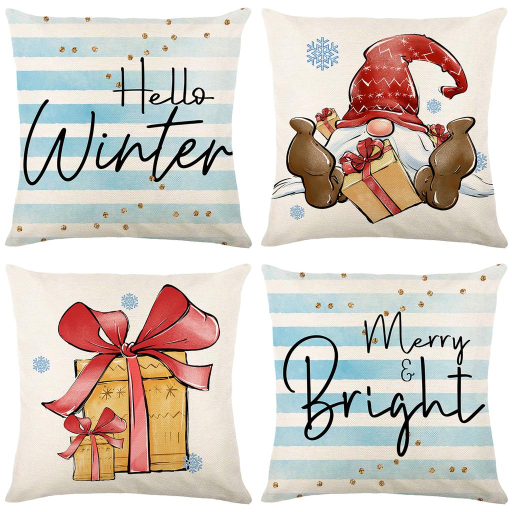 Christmas Pillow Cover Linen Printed Blue Stripe Home Sofa Cushion Cover Pillow Cover