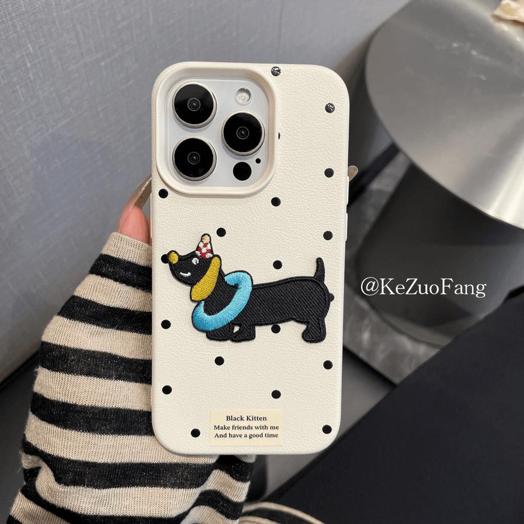 Polka Dot Embroidery Dachshund for IPhone16promax for Apple 14 Phone Case 13 Anti-fall 12 Soft 11/15
