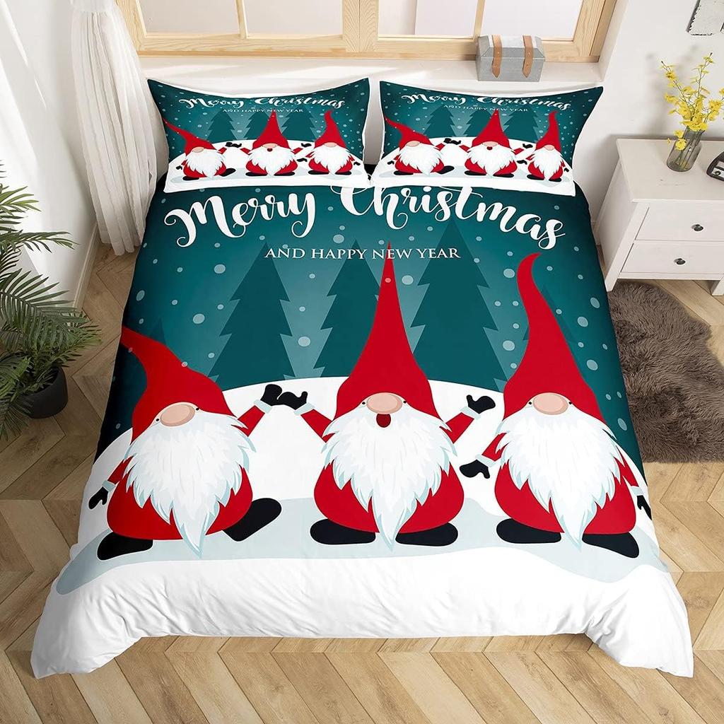 Christmas Gnomes Duvet Cover Winter Snow Holiday Style Santa Claus Xmas Comforter Cover Merry Christmas Bedding Set Twin Queen
