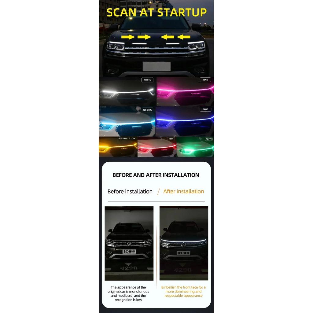 Led Car Hood Lights Universal Headlight Strip Fix Cuttable Car Decorative Atmosphere Lamps DRL Auto Daytime Running Lights Neon Lights 4