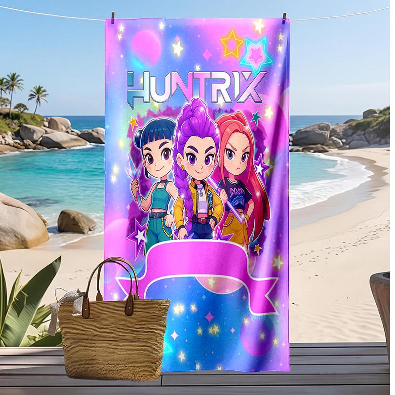 Kpop Demon Hunters Printed Beach Towel, Large Absorbent Quick Dry Towel for Summer Outdoor Swimming