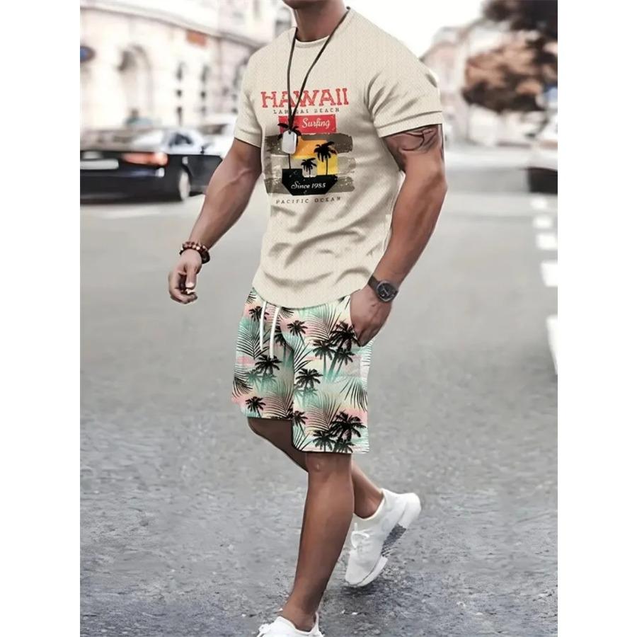 Summer Men's Sailor Short Sleeve Set Anchor Print Pattern Short Sleeve Shorts Set Men's Crew Neck T-Shirt and Drawstring Shorts