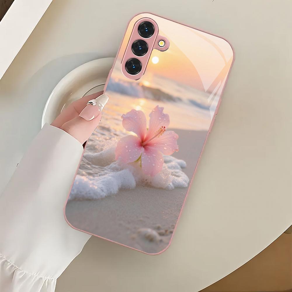 Funda de cristal para teléfono con diseño de flor de playa adecuada para Samsung Galaxy S26 S25 S24 S23 S22 S20 FE/Ultra/Plus cubierta trasera a prueba de golpes