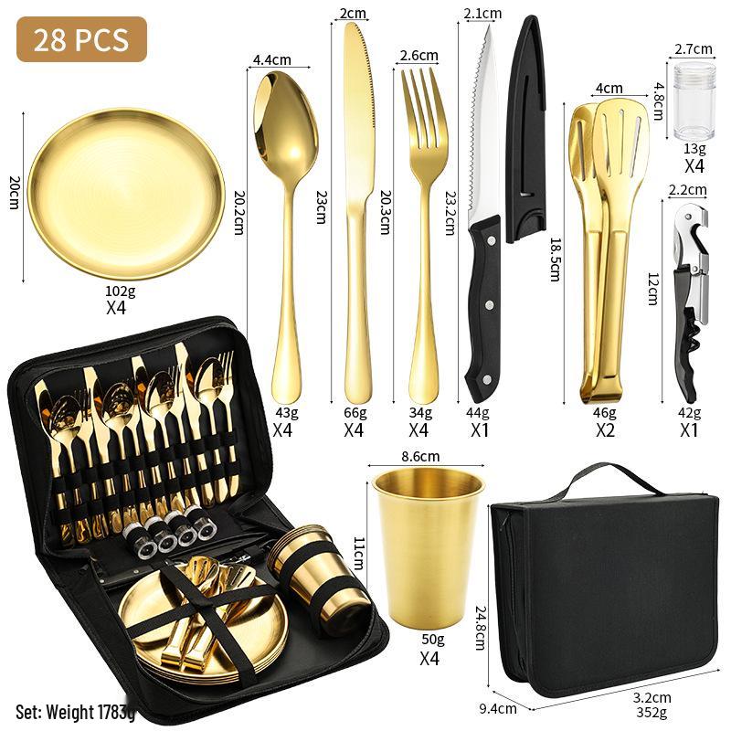 Stainless Steel Camping Cutlery Set: Knife, Fork, Spoon, Plate, Cup with Cloth Bag for Outdoor Use
