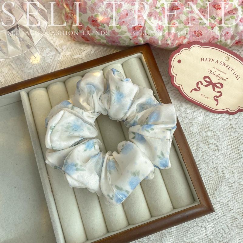 French Rose Jacquard Flower Scrunchie - Pink/Blue/Purple, Spring/Summer Women s Hair Accessory