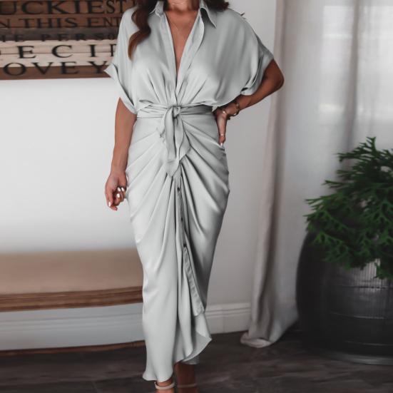 Office Lady Maxi Dress Turn Down Collar Ruched Solid Color Short Sleeve