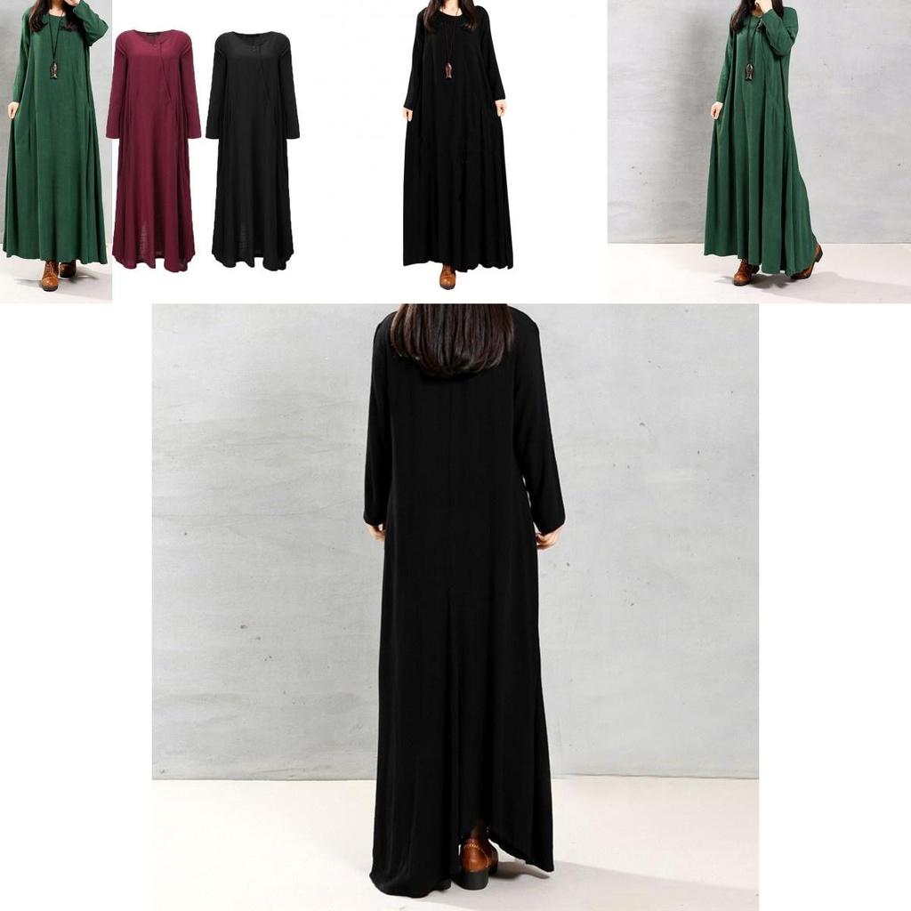 Elegant Plus Size Women Cotton Long Sleeve Vintage Kaftan Casual Maxi Dress