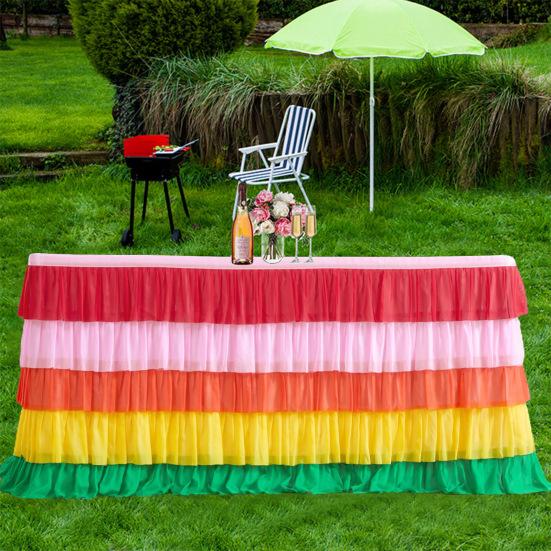 Table Skirt for Rectangle And Round Table Multi-layer Ruffle Reusable Gradient Rainbow Color Beach Parties Ceremony Birthday Party Decoration