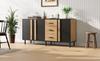 Sideboard 140x35x70 cm, MDF, 3 Doors and 3 Drawers, Side Cabinet, Modern Cabinet with 6 Metal Legs for Living Room, Black + Natural Wood Color