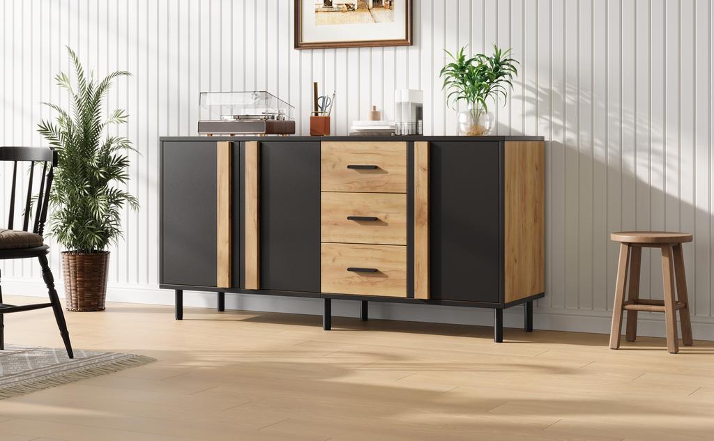 Sideboard 140x35x70 cm, MDF, 3 Doors and 3 Drawers, Side Cabinet, Modern Cabinet with 6 Metal Legs for Living Room, Black + Natural Wood Color