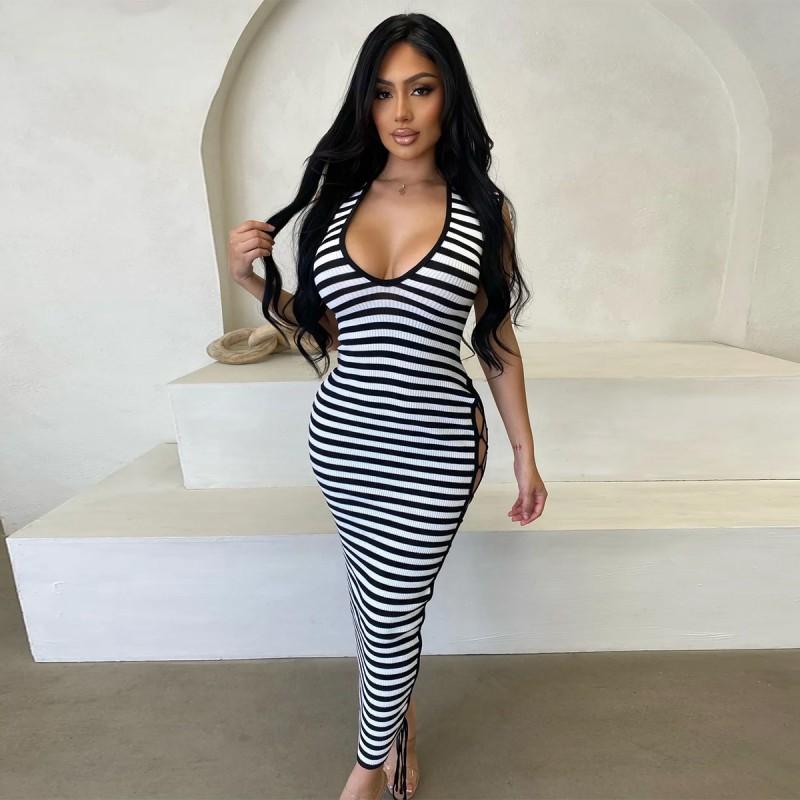 Sexy Striped Sleeveless Mesh Dress Slim Fit Deep V Neck Party Daily Wear
