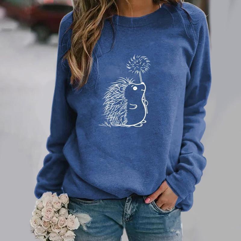 Pull imprimé à motif hérisson mignon pour femme, sweat-shirt à manches longues et col ras du cou confortable