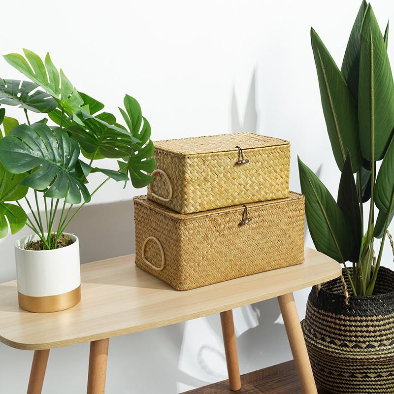 Hand Weaving Seaweed Shelf Baskets with Lid Rectangular Bin Woven Storage Box with Handle Home Organizer Bedroom