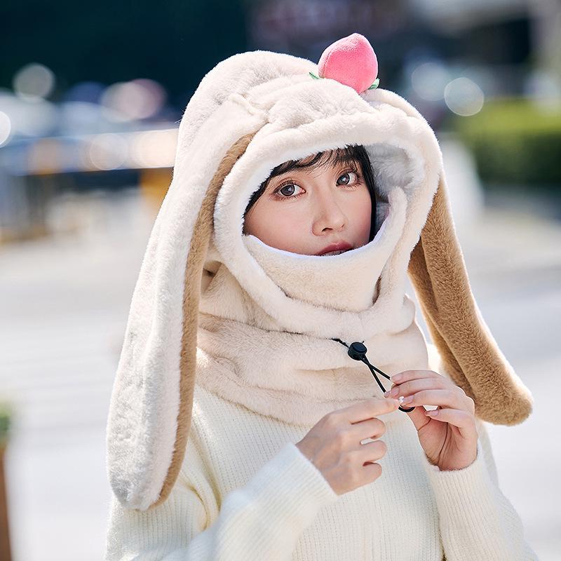 

Plush Rabbit Ear Hooded Hat with Mask & Scarf - Women’s Winter Cycling Helmet Cover & Ear Warmer бежевый