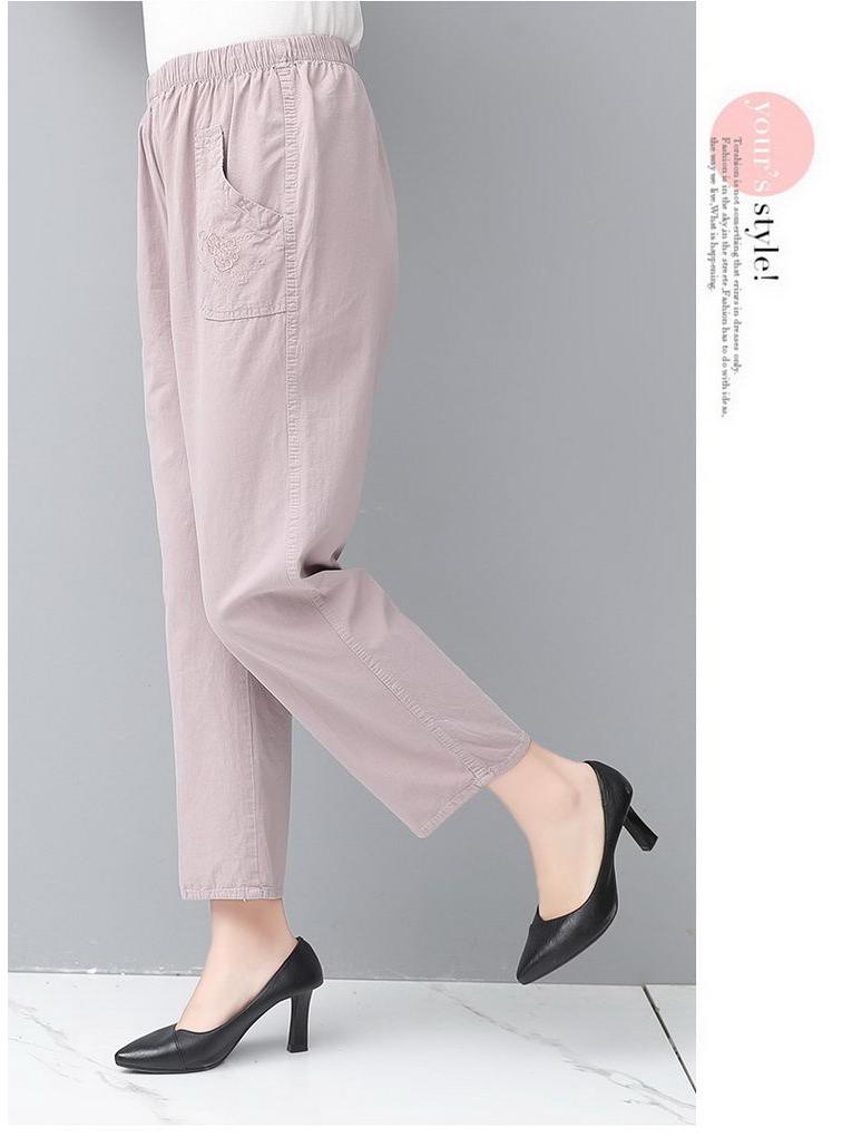 Mom's Cotton Embroidered Nine-Point Pants for Seniors, Casual Straight-Leg Pants for Spring & Autumn