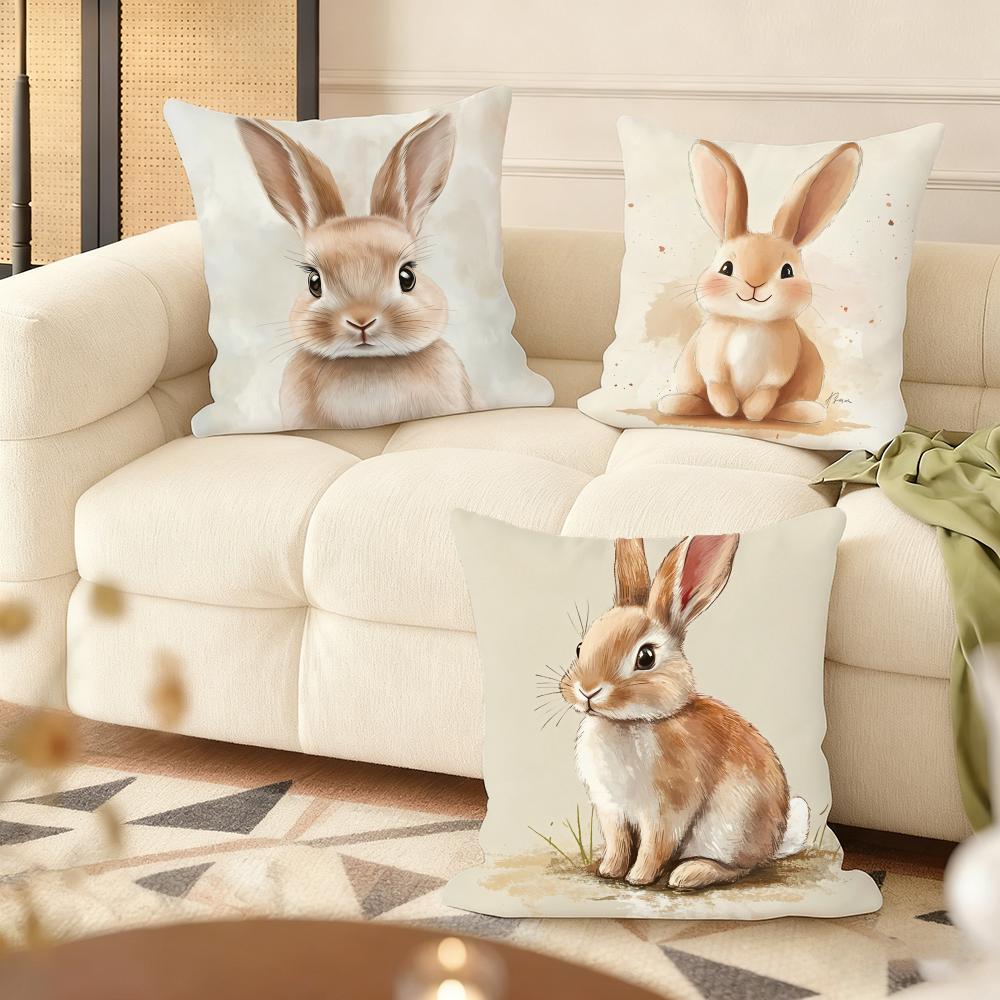 Cute Retro Bunny Cushion Cover Natural Linen Organic Fabric DoubleSided Printing Couch Pillow Covers Home Decor