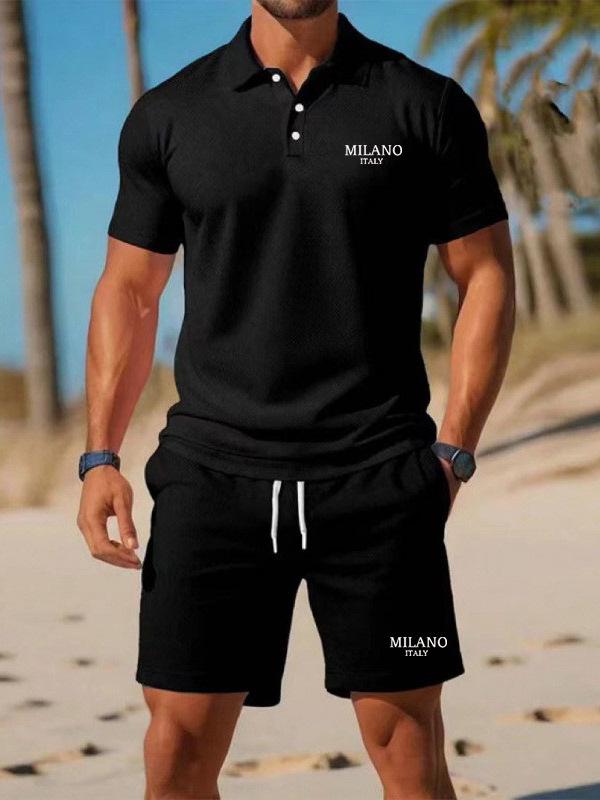Men's Casual Summer Two-Piece Set: Short Sleeve Polo & Shorts with Letter Print