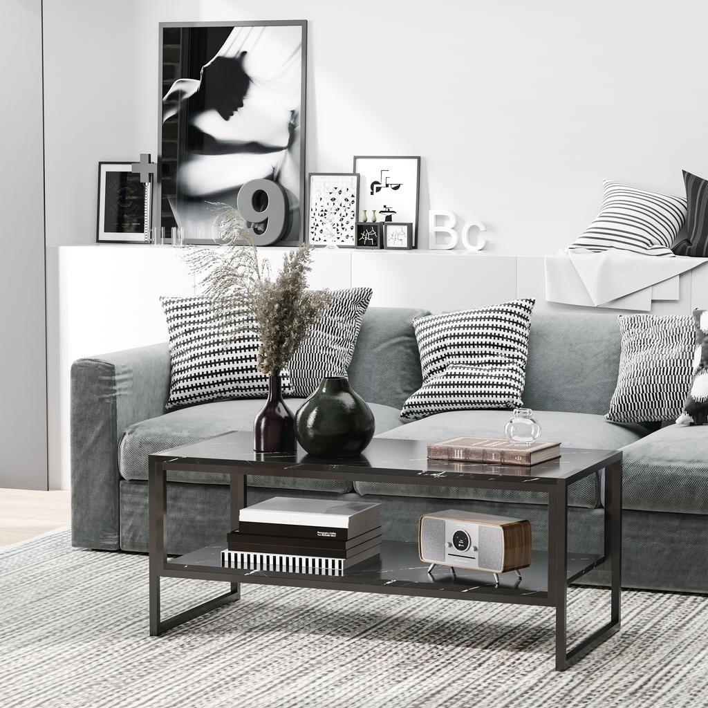 Tavolino da caffè, Tavolino centrale a due livelli effetto marmo finto con struttura in metallo e ripiano portaoggetti per soggiorno, 106 x 50 x 45 cm, Nero
