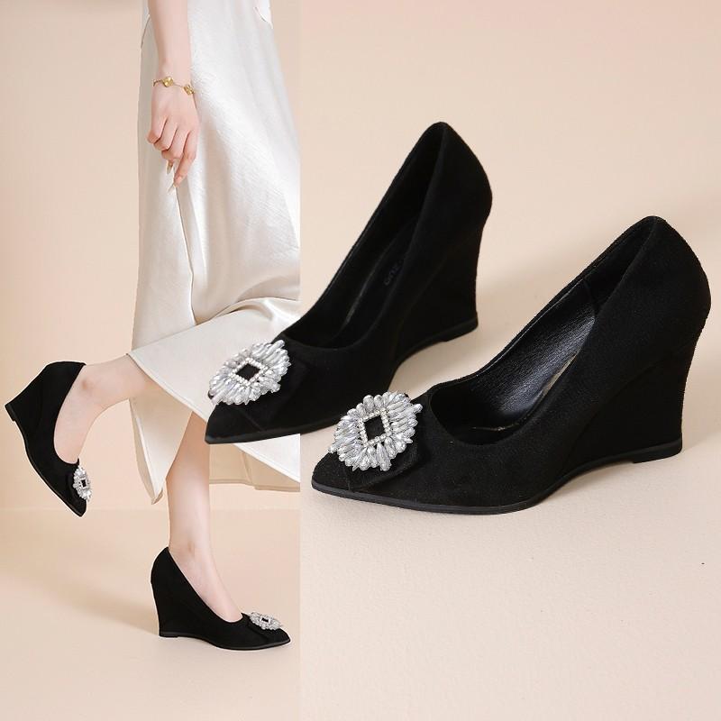 Fashion Wedge Black Single Shoes Women 2025 Spring New Fashion Rhinestone Pointed Toe Shallow Mouth Soft Sole High Heels
