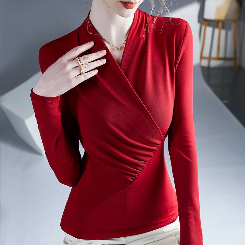 2025 Modny T-shirt z długim rękawem i dekoltem w serek - stylowy i seksowny na wiosnę i jesień