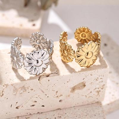 18K Gold Stainless Steel Ring Set: Geometric Flowers & Leaves, Non-Fading Titanium Jewelry