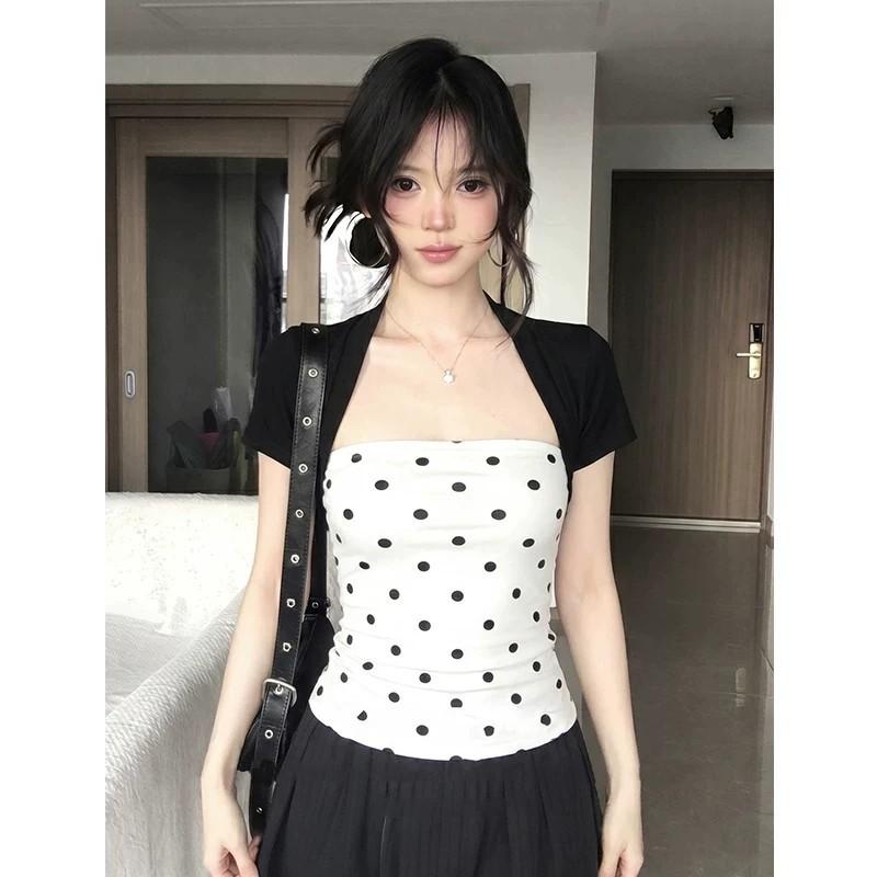 Spice girl vest polka dot short-sleeved t-shirt women's summer slim-fitting and thin waist chic and beautiful top