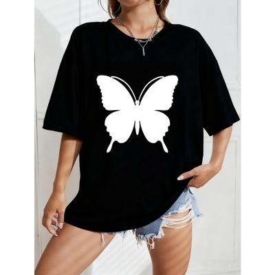 Vintage Schwarzes Oversized T-Shirt mit Weißer Schmetterlings-Silhouette & Drip-Design-Print – Minimalistisches Dunkles Ästhetik Grafik-Top
