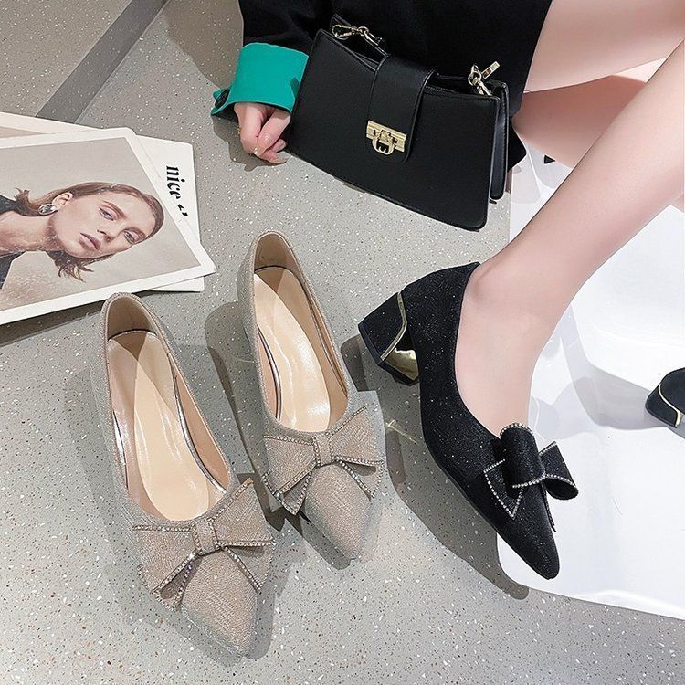 Bow thick heel high heels French evening shoes fashion with skirt single shoes 2025 summer and autumn new temperament versatile