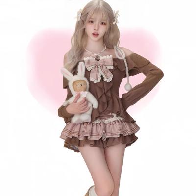 Winter Sweet Lolita Nieuwe Tweedelige Set Vrouwen Lange Mouw Strik Tops+ruitjes Taart Minirok Vrouwelijk Koreaans Designer Kawaii Set