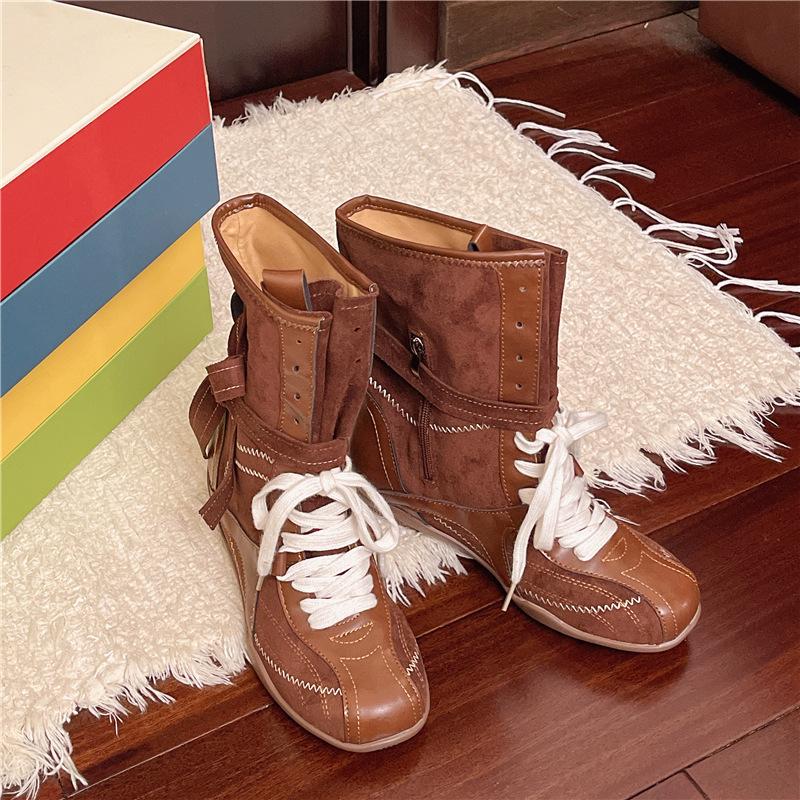 Casual retro versatile inner heightening Martin boots women's British round head lace-up sports boots short boots boxing boots German training boots