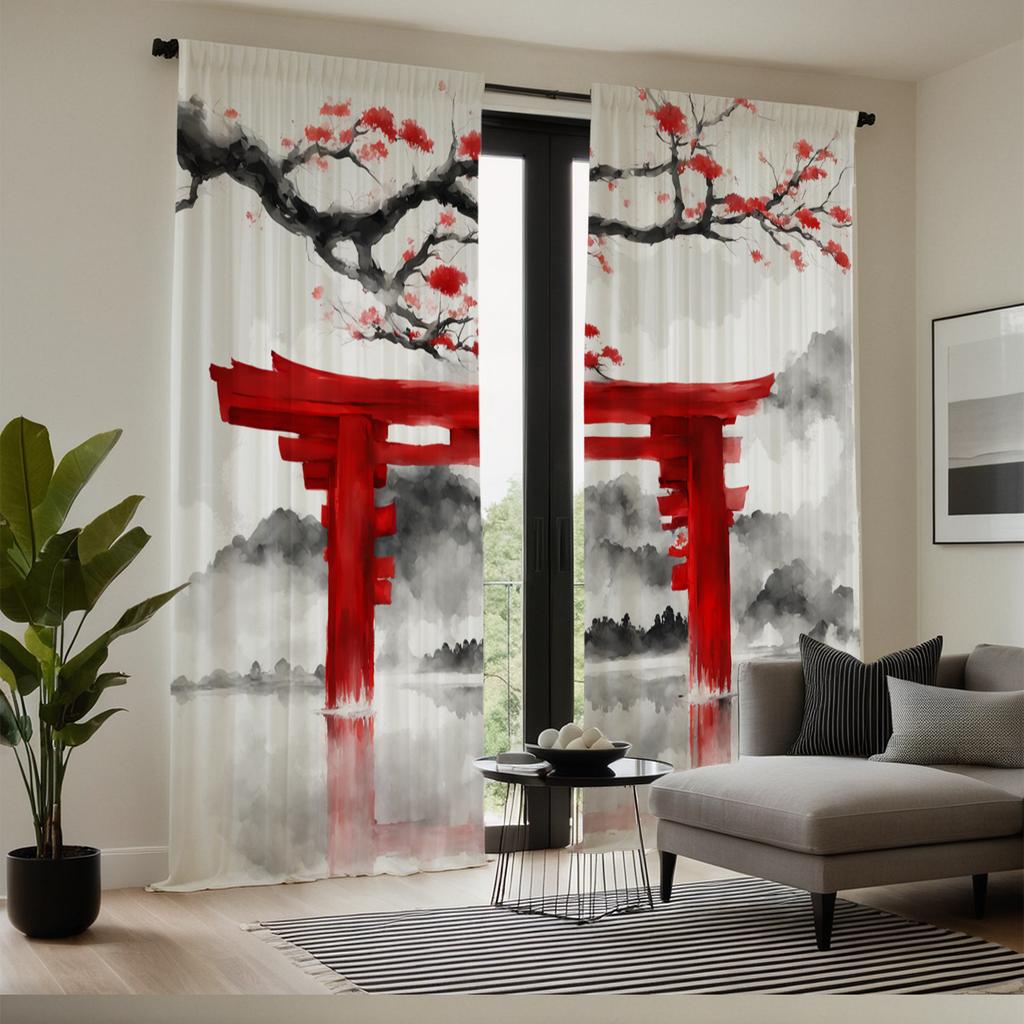 2pc Red Torii gate and cherry blossom black and white gray curtains   polyester fabric   suitable for bedroom living room