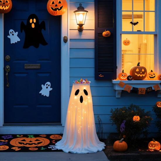 32" Svítící stojan na misku s bonbóny duch, Venkovní svítící duch, Halloweenská dekorace, Roztomilý držák na bonbóny pro koledování na vchodové dveře, Dekorace na verandu