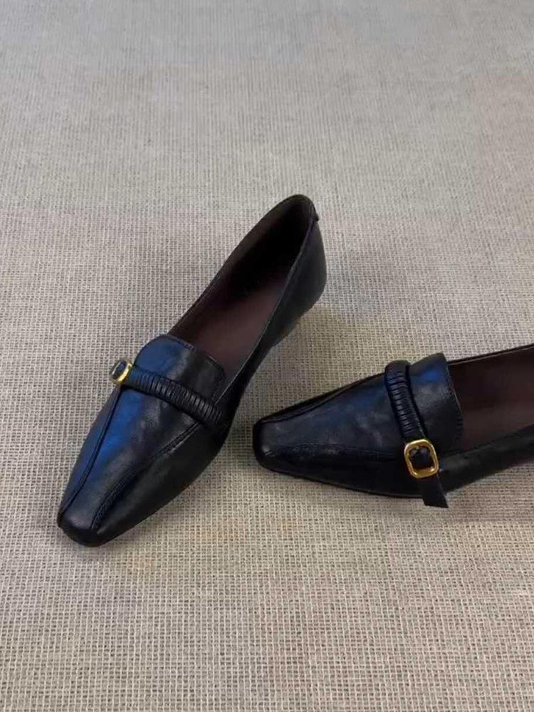 

Версия из овчины~ Квадратный носок Французские лоферы женские толстый каблук черные универсальные для работы мягкая подошва одинарные туфли с одной педалью и маленьким ле 40