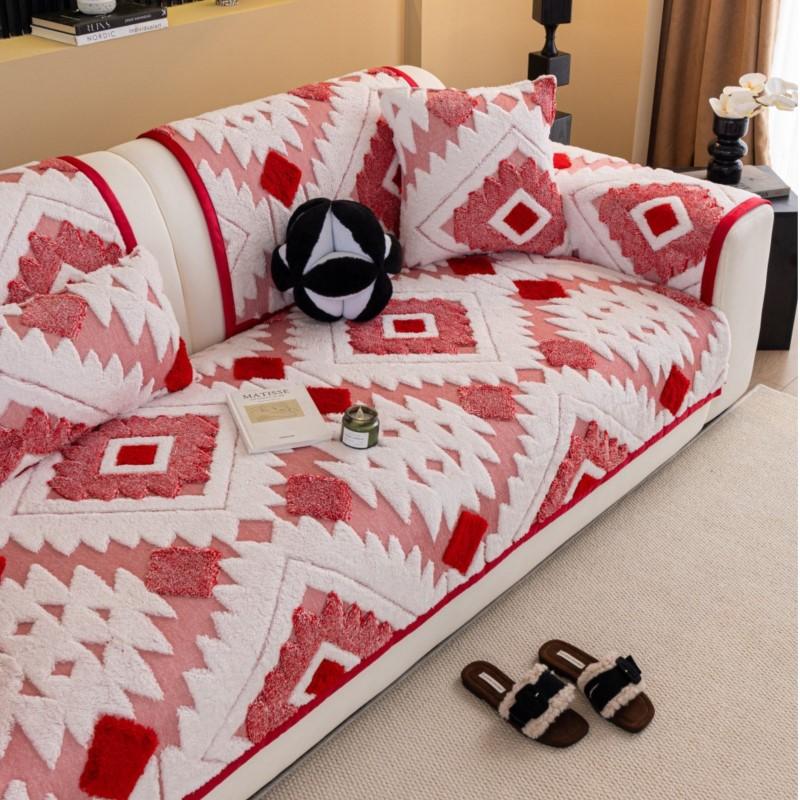 Winter Thicken Sofa Cushion Pad Anti-Slip Retro Fleece Ethnic Style Pattern Sofa Cushions Living Room Keep Warm Sofa Mats