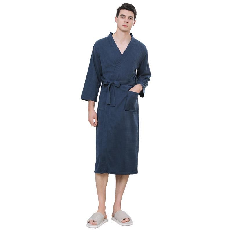 

Мужской легкий вафельный халат-кимоно — одежда для дома в гостиничном стиле на весну и лето XL (160-200 catties) тёмно-синий