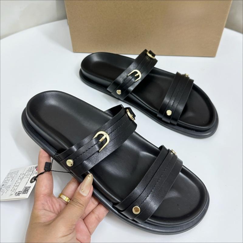 Sandálias Rasteirinhas Femininas Casuais da Moda com Sola Grossa 2025 Verão Retrô Design Fivela de Cinto Slip on Bico Aberto Marca Caminhada Sapatos de Praia para Mulher