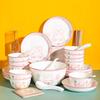 4-Piece Pink Rabbit Ceramic Tableware Set for Couples with Bowls, Plates, and Chopsticks.