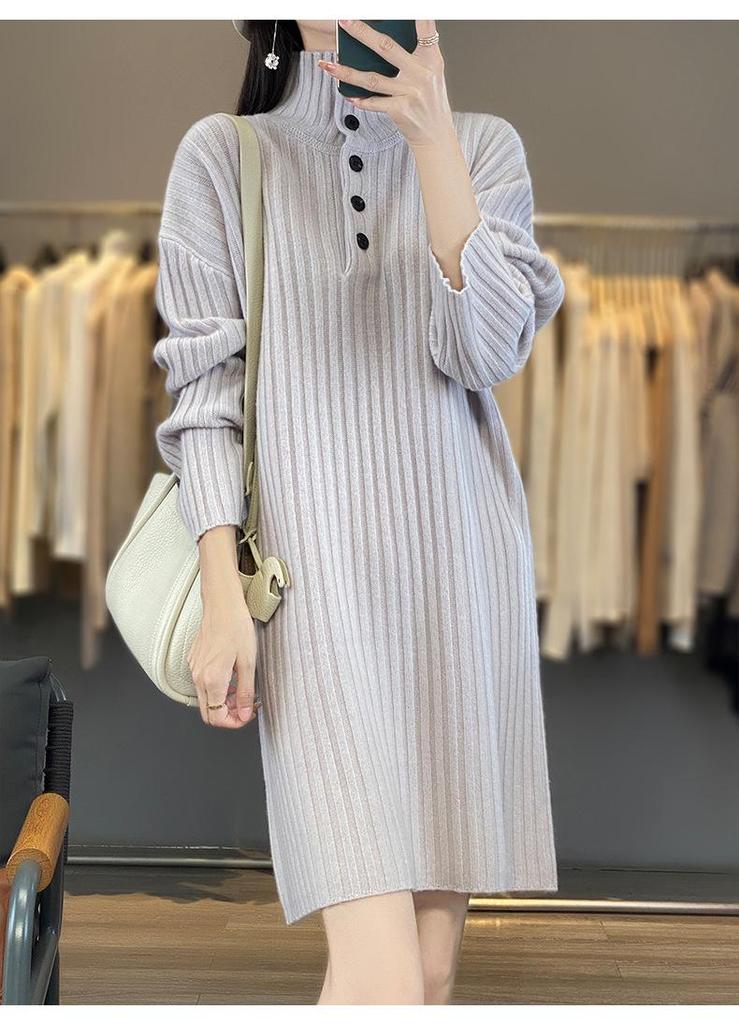 Petite Women's Wool Knit Dress with Half-High Neck - Mid-Length for Autumn/Winter