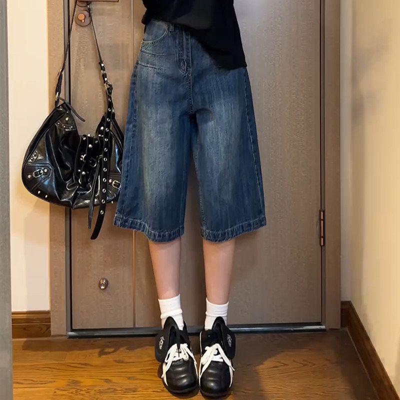 

Women s Plus Size High-Waist Dark Blue Wide-Leg Jeans - Slimming, Loose Fit for Chubby Girls, Seven-Point Length, Hip-Covering. XL