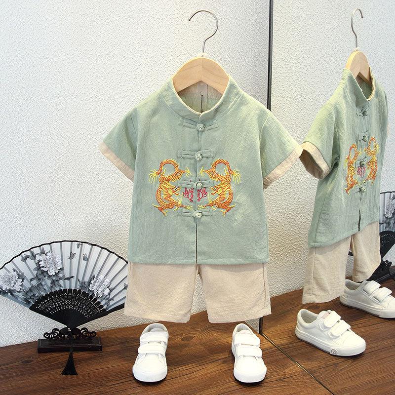 Completo Estivo da Ragazzo a Maniche Corte Stile Cinese per Bambini Hanbok Bello Completo Tang Cotone Lino Sezione Sottile di Abbigliamento Antico