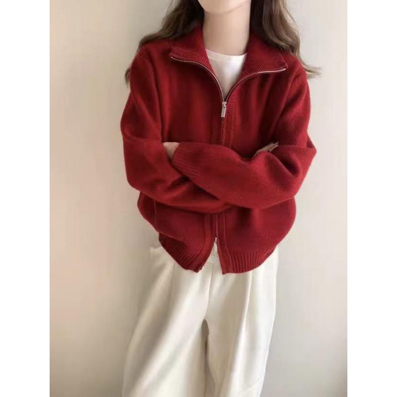 Korean Autumn/Winter Double Zipper Stand Collar Knit Cardigan - Women's Loose Fit, Slimming, High-End Sweater