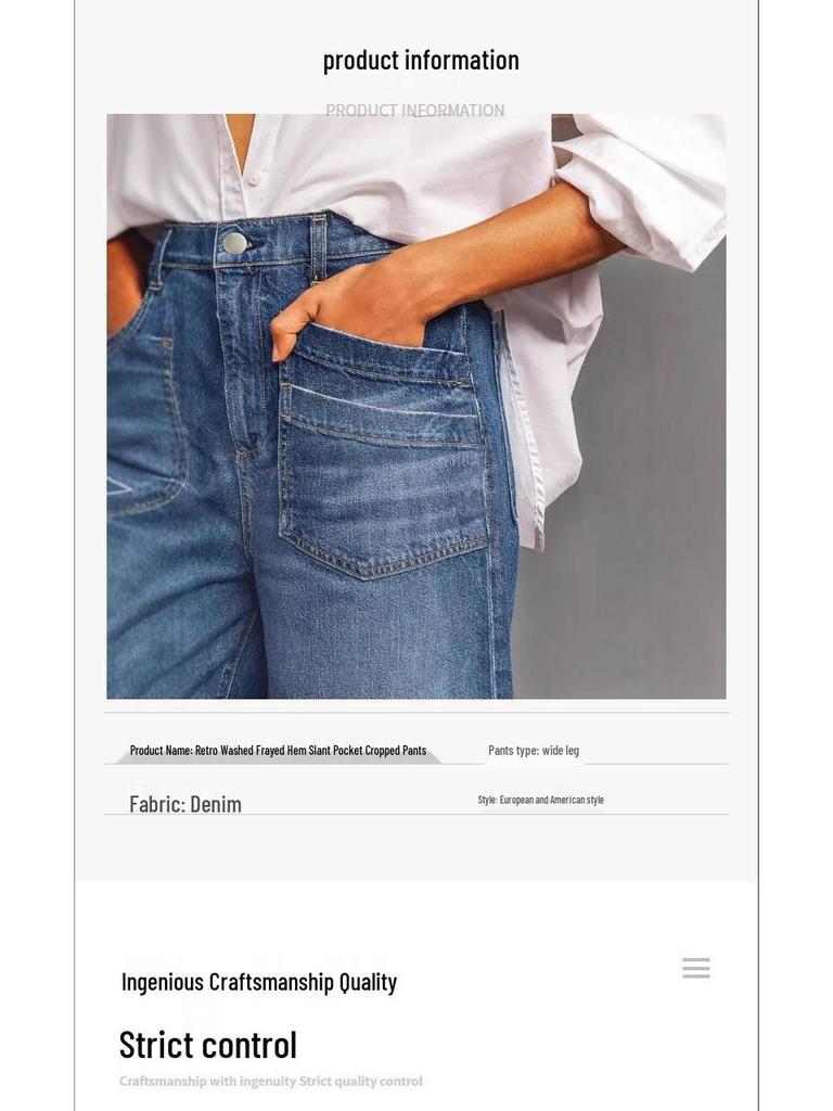 Mid-Waist Wide-Leg Plus Size Retro Washed Cropped Jeans with Frayed Hem and Slant Pockets