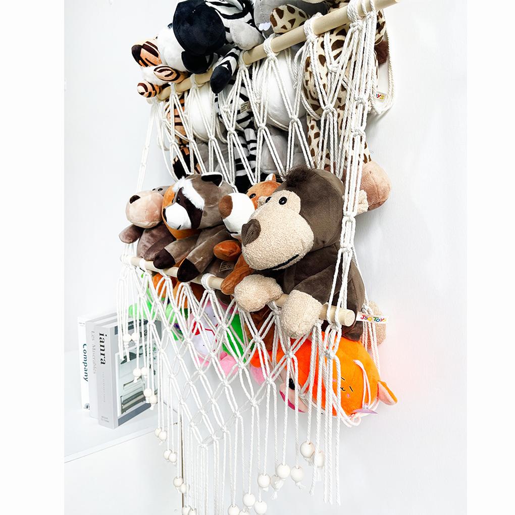 Cotton Stuffed Animal Storage Net With Wooden Rods For Nordic Style Room Decor Toys Blankets Soft