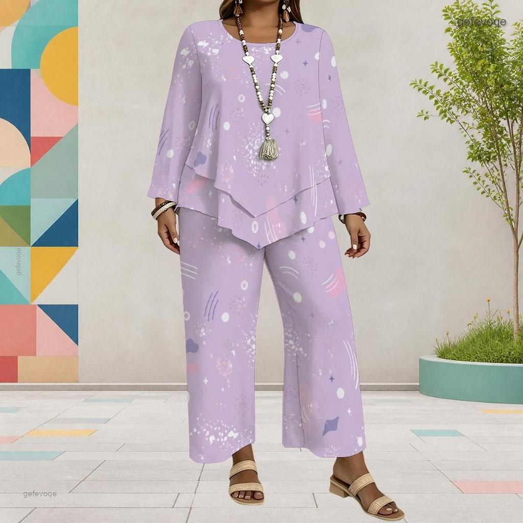 Women Plus Size Printed Round Neck Long Sleeve Layered Top Wide Leg Cropped Pants Two Piece Set