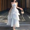 French Blue Glossy Camisole Cake Dress: Slimming Waist, Long Seaside Vacation Style for Girls' Birthday Parties