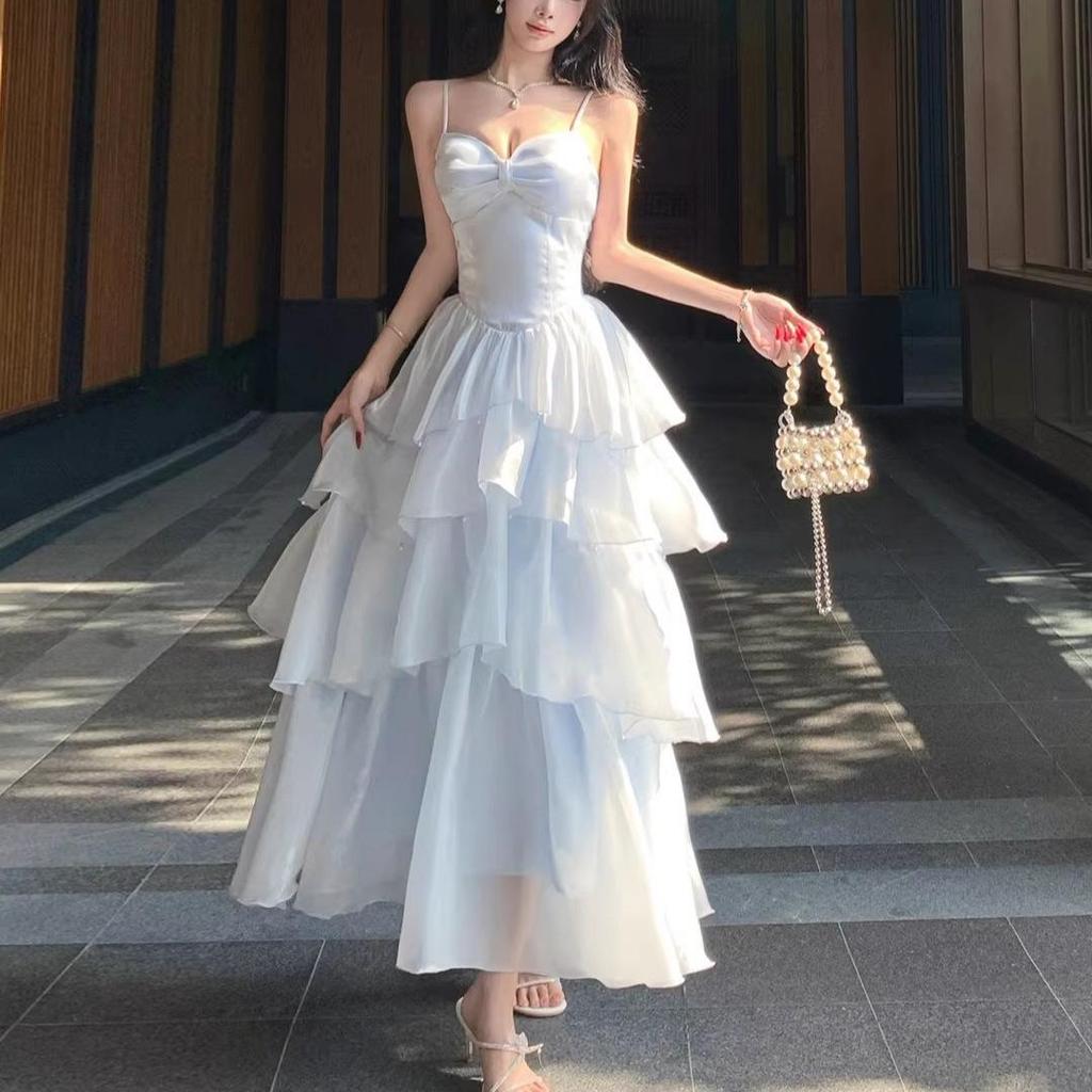 French Blue Glossy Camisole Cake Dress: Slimming Waist, Long Seaside Vacation Style for Girls' Birthday Parties